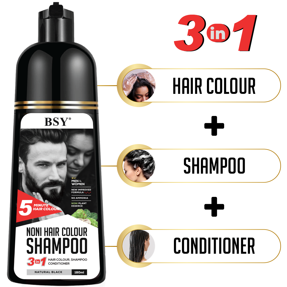 BSY Noni Natural Black Hair color shampoo - 180ml - Pump pack | No Ammonia | 3 in 1 - Hair Colour, Shampoo, conditioner for women | Noni Fruit Hair Dye for Men | 5 Minutes Hair Color