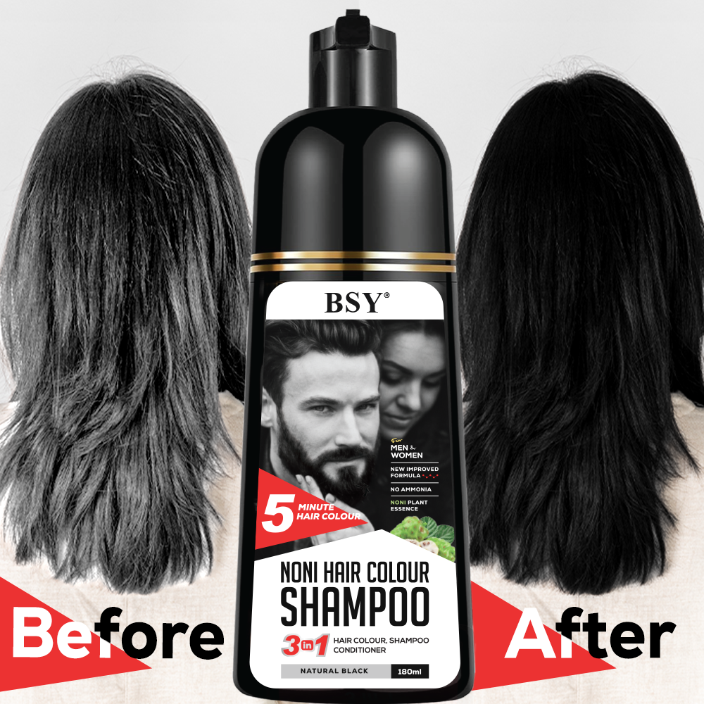 BSY Noni Natural Black Hair color shampoo - 180ml - Pump pack | No Ammonia | 3 in 1 - Hair Colour, Shampoo, conditioner for women | Noni Fruit Hair Dye for Men | 5 Minutes Hair Color