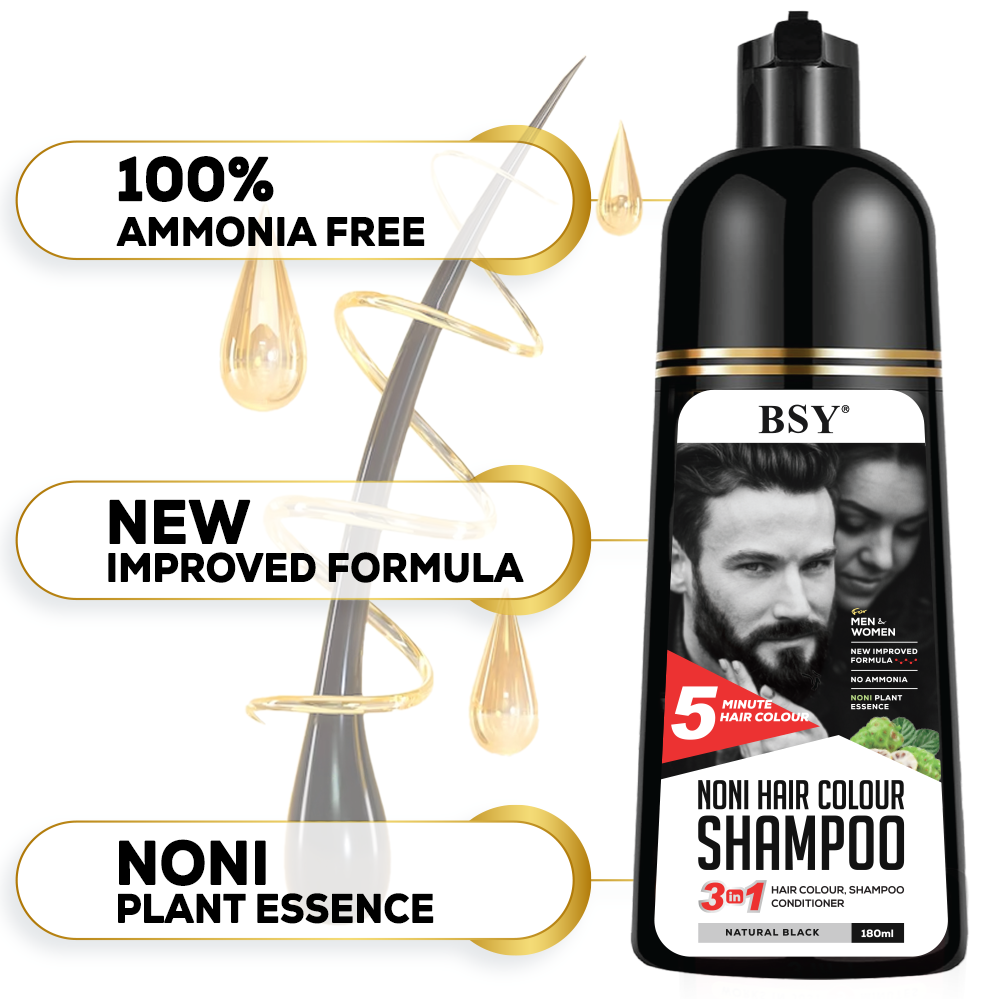 BSY Noni Natural Black Hair color shampoo - 180ml - Pump pack | No Ammonia | 3 in 1 - Hair Colour, Shampoo, conditioner for women | Noni Fruit Hair Dye for Men | 5 Minutes Hair Color