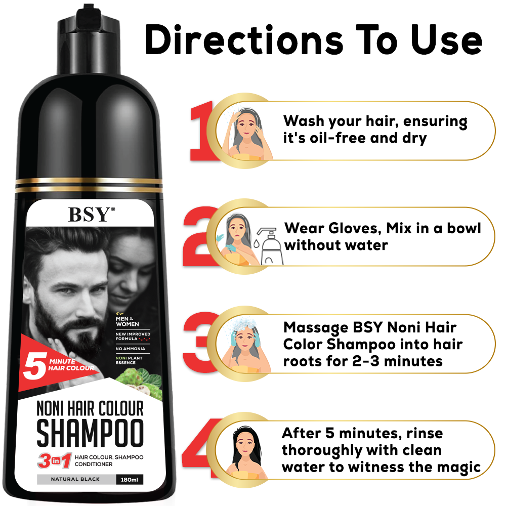 BSY Noni Natural Black Hair color shampoo - 180ml - Pump pack | No Ammonia | 3 in 1 - Hair Colour, Shampoo, conditioner for women | Noni Fruit Hair Dye for Men | 5 Minutes Hair Color