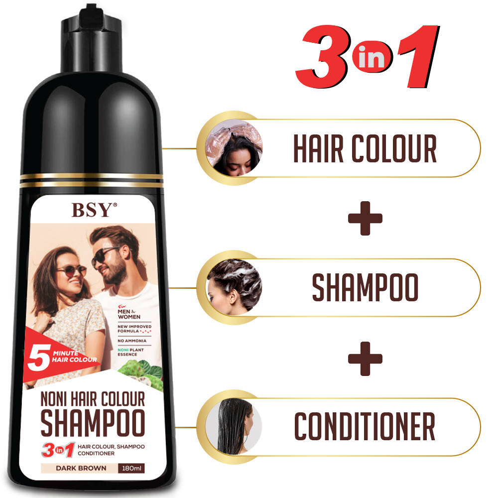 BSY Noni Dark Brown Hair colour shampoo -180 ml | No Ammonia | 3 in 1 - Hair Dye Shampoo, Conditioner for women | Noni Fruit Hair Dye for Men | 5 Minutes Hair Color