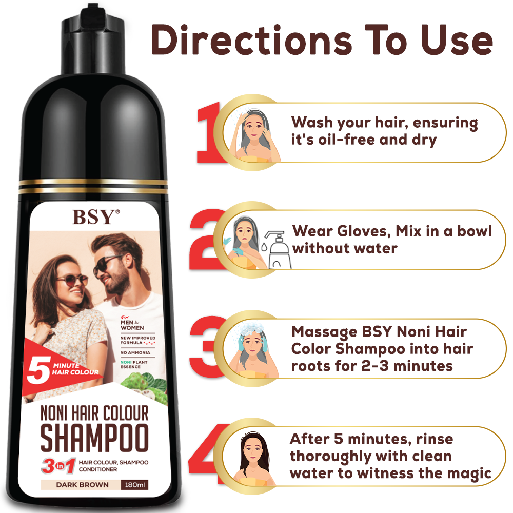 BSY Noni Dark Brown Hair colour shampoo -180 ml | No Ammonia | 3 in 1 - Hair Dye Shampoo, Conditioner for women | Noni Fruit Hair Dye for Men | 5 Minutes Hair Color