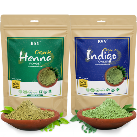 BSY Organic Indigo and Henna Powder for Hair Colour , Natural Hair colour, Hair care powder, Conditions and Nourishes Hair (227g Each)